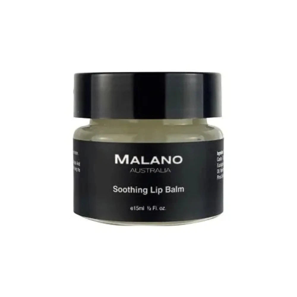 a small 15mL clear jar with a black lid that has a black label on it with white writing that says the brand name Malano and soothing Lip Balm, sitting against a white background.