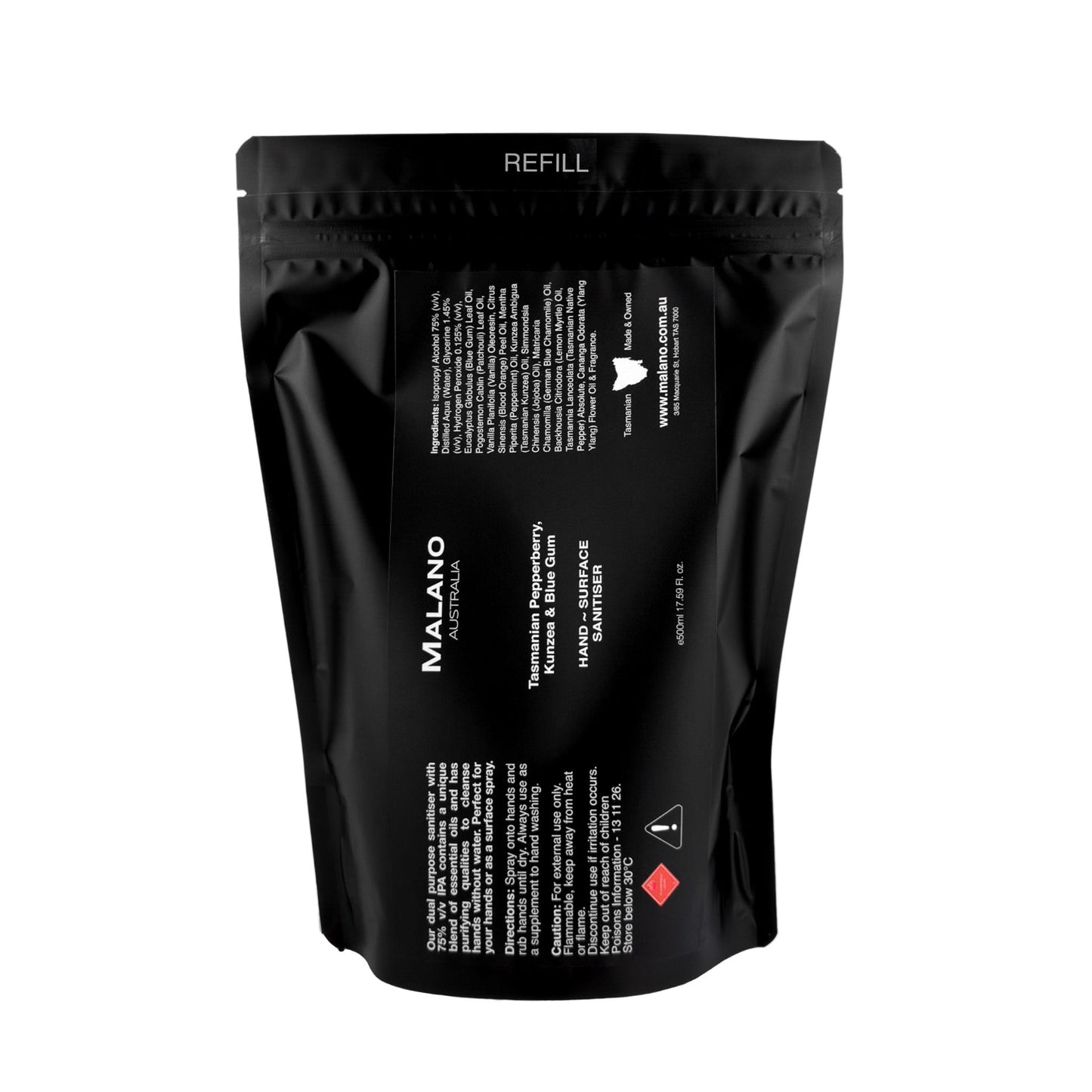 A black refill bag that has a label with the brand Malano and Tasmanian Pepperberry, Kunzea and Blue Gum, Hand-Surface Sanitiser with a capacity of 500mL written in white and the bag sitting against a white background