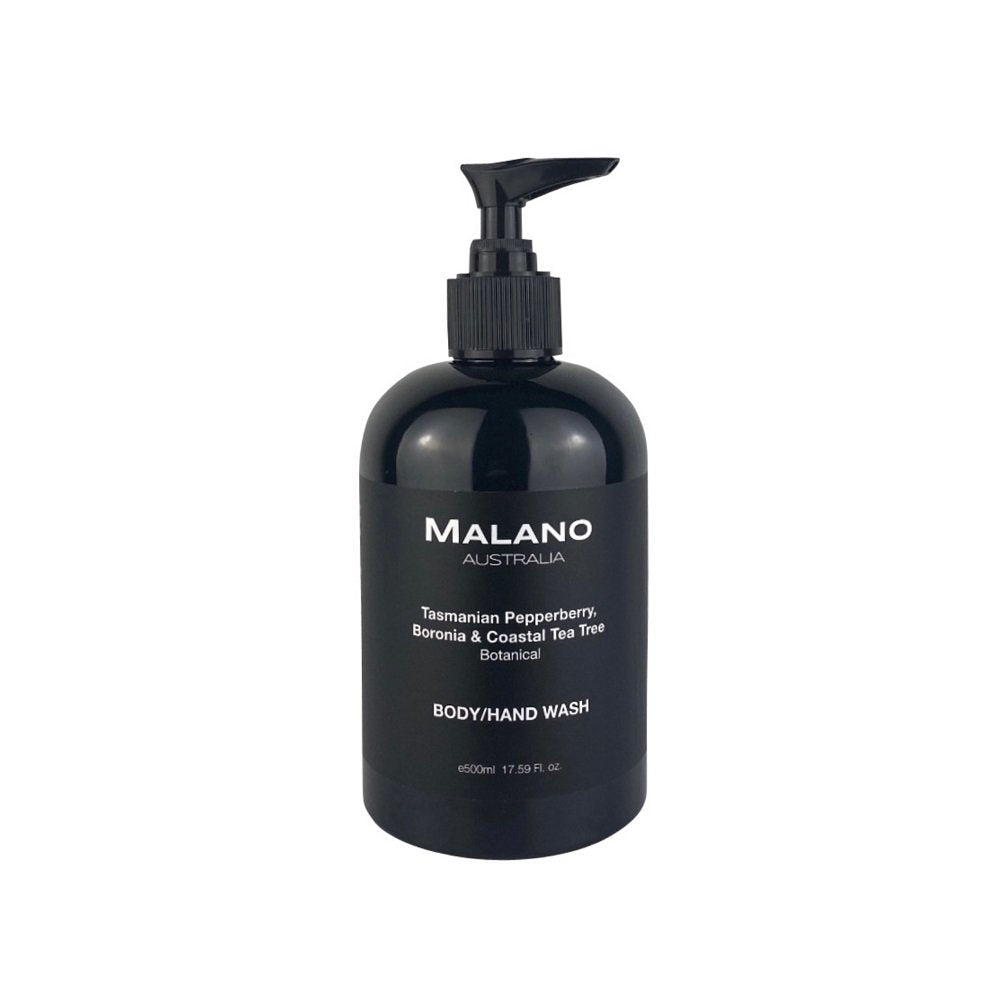 A black pump bottle labeled 'Malano Body/Hand Wash with the fresh and zesty scent of Tasmanian Pepperberry, Boronia and Costal Tea Tree, in 500mL, sitting against a white background.