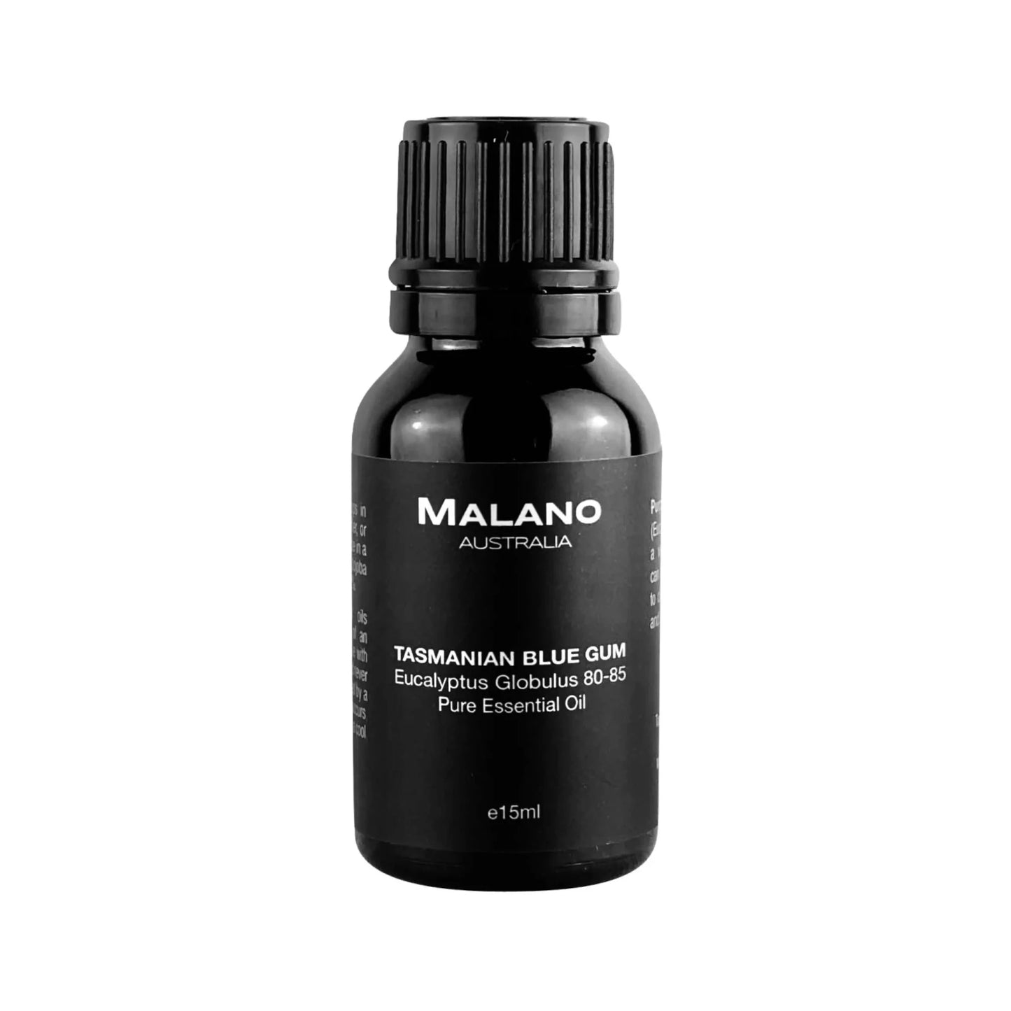 A black bottle with a white label displaying 'MALANO AUSTRALIA' and ' TASMANIAN BLUE GUM Eucalyptus Globulus 80-85 Pure Essential Oil', with a capacity of 15mL.