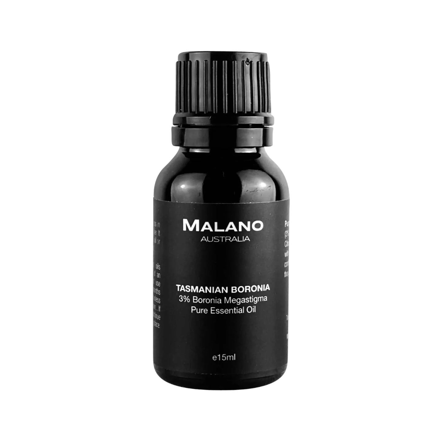 A black bottle with a white label displaying 'Malano Australia', 'Tasmanian Boronia 3% Boronia Megastigma Pure Essential Oil', and a volume indication of '15mL'.