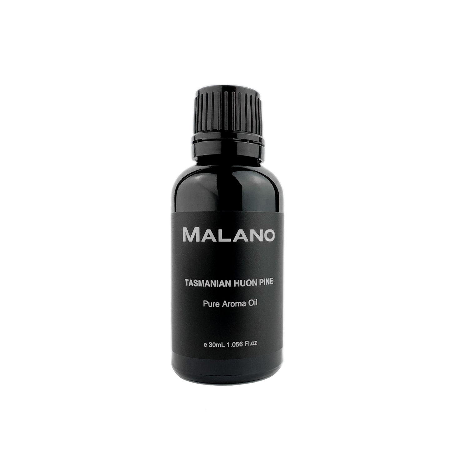 A black bottle with a white label displaying 'MALANO TASMANIAN HUON PINE Pure Aroma Oil' for humidifiers and a measurement indication of '30mL'.