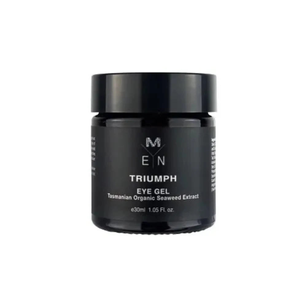 A black jar containing Triumph Eye Gel, with white text indicating the brand and product name.