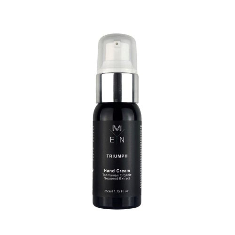 A black pump bottle labeled 'MEN TRIUMPH Hand Cream' and the Malano M monogram and from the Tasmanian Organic Seaweed Range on the label,