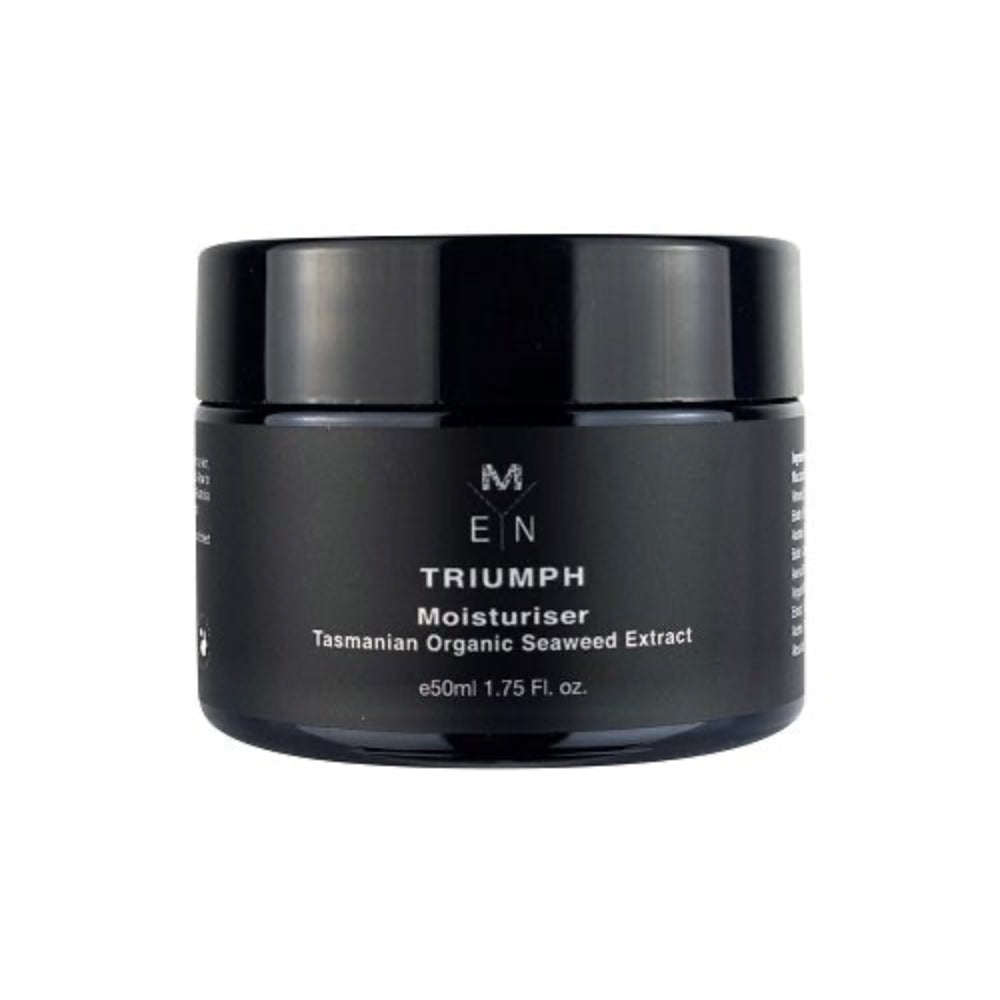 A black jar of Triumph moisturiser with white text detailing the product name and Tasmanian organic seaweed extract and the Malano M monogram on the front with the capacity of 50mL