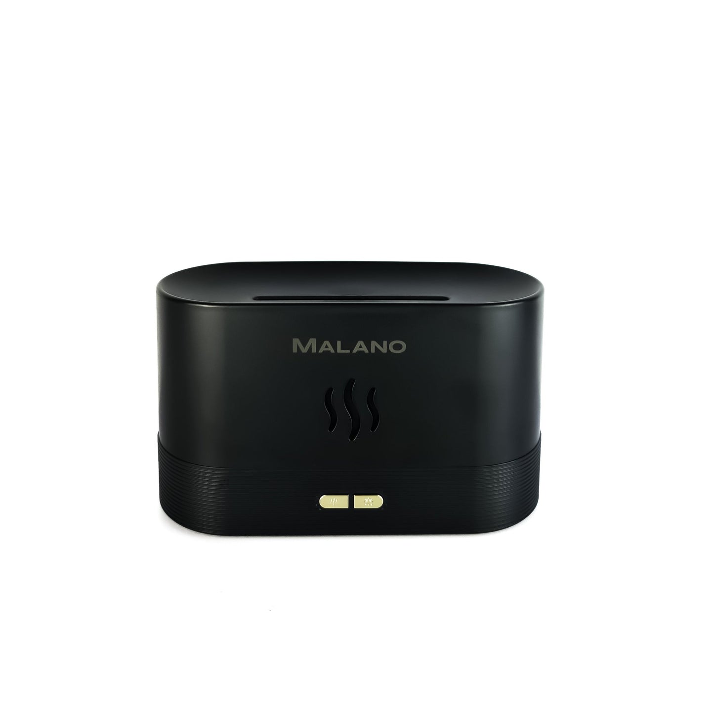 A black ultrasonic aroma diffuser with the brand name 'MALANO' on the front, featuring a flame light humidifier with two silver buttons.