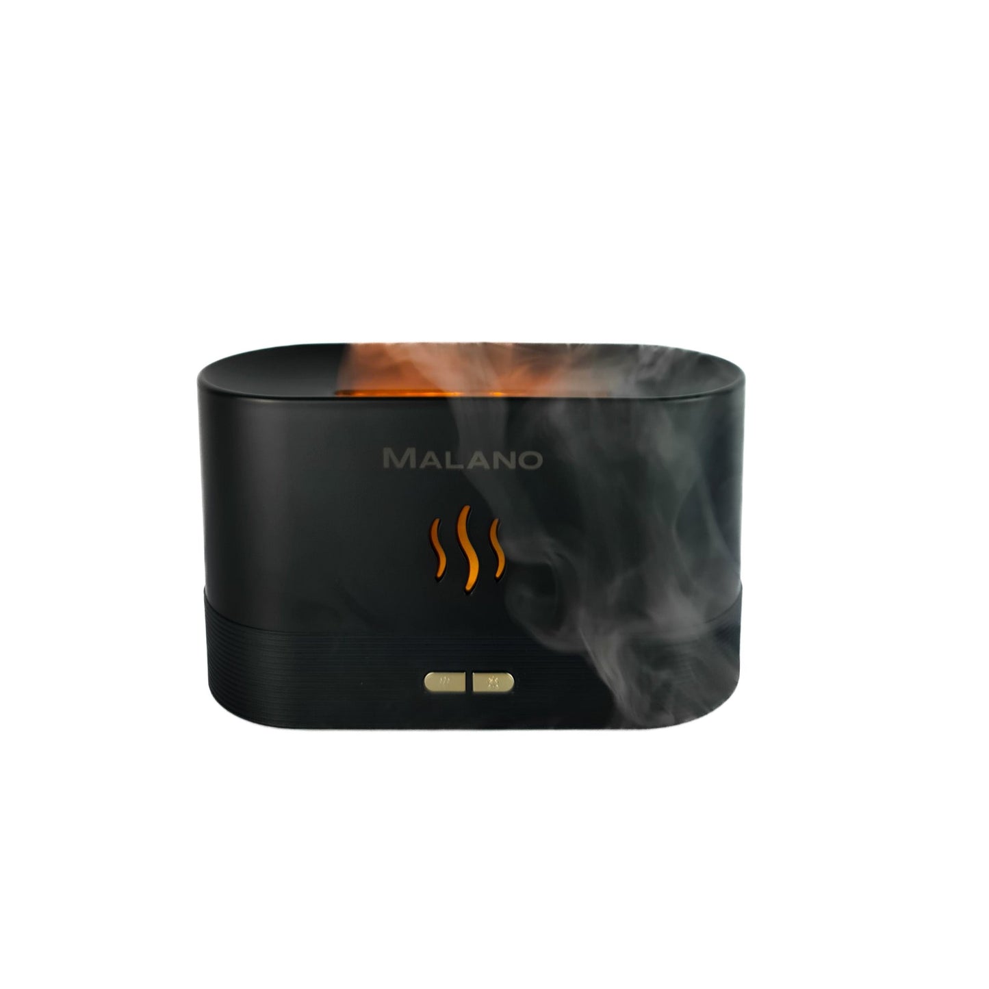 A black ultrasonic aroma diffuser with the brand name 'MALANO' on the front, there is orange coloured steam coming out of the top and overflowing across the front of it. The Humidifier features a flame light with two silver buttons.