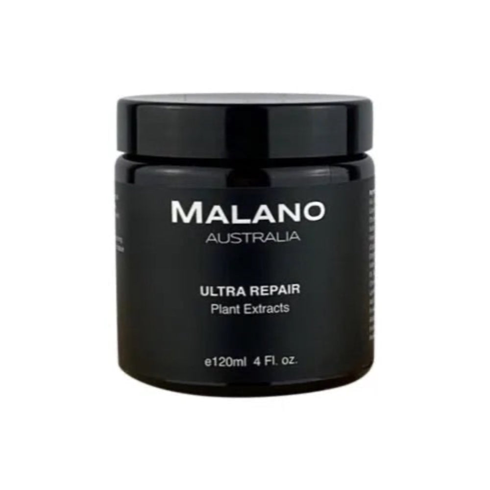 A black glass jar with a black label and white writing stating the brand name Malano, Ultra Repair Cream with Plant Extracts and with a volume of 120mL