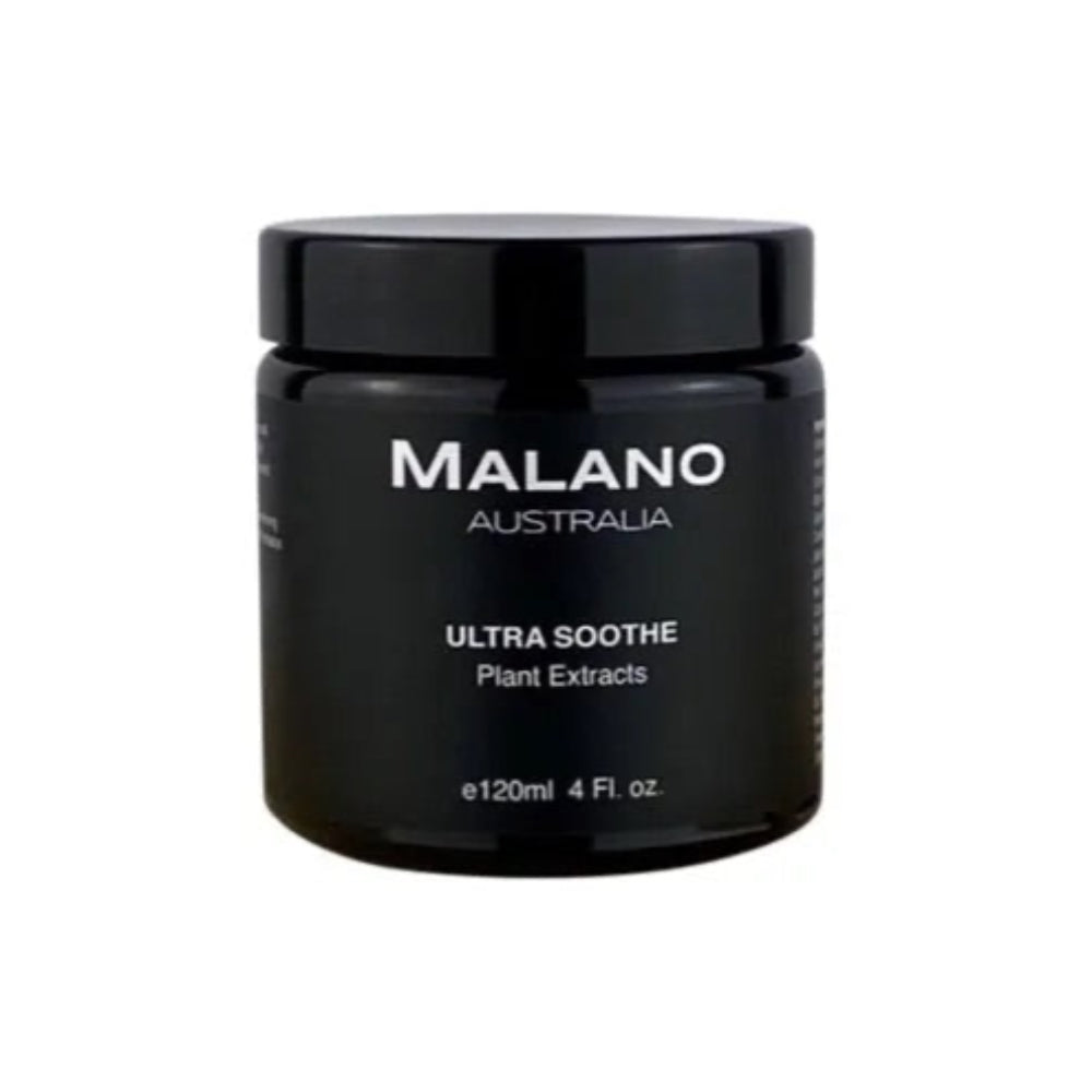 A black jar with a black label and white writing of Ultra Soothe Cream by Malano with plant extracts and a capacity of 120mL