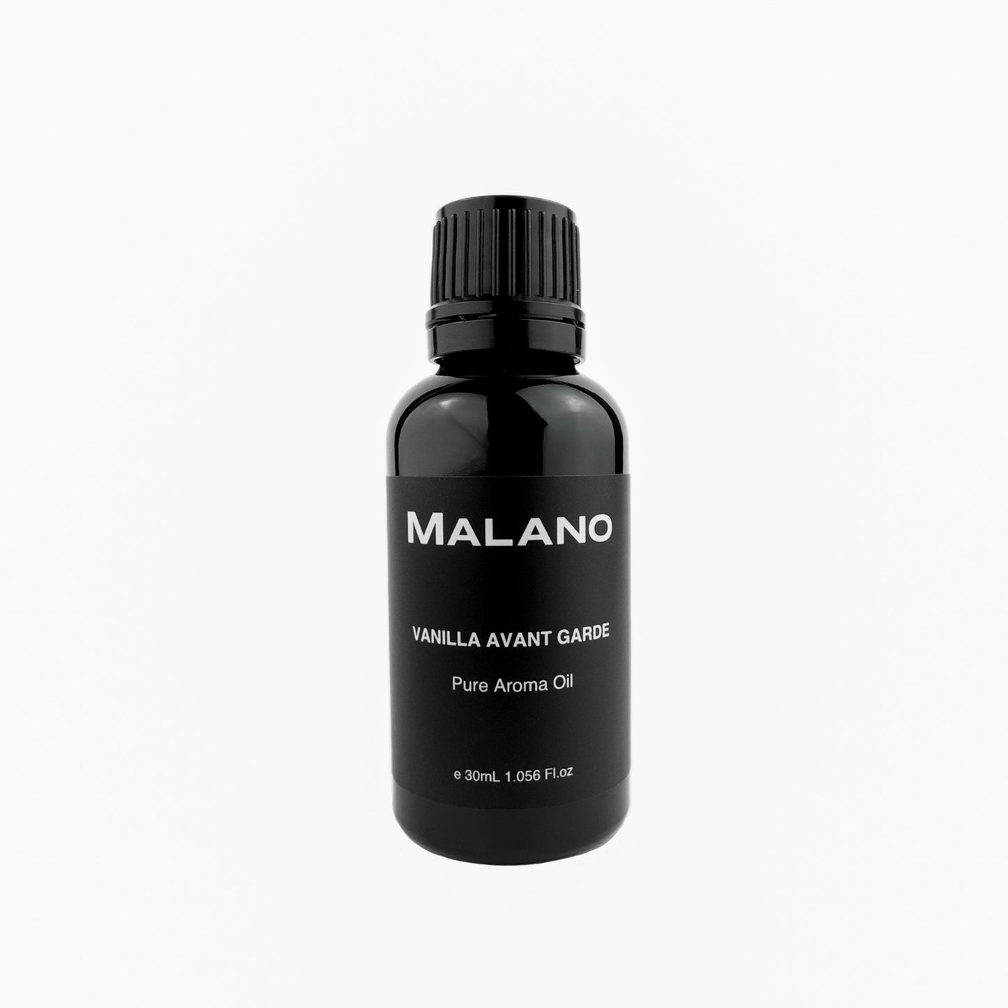 a black bottle of Vanilla Avant Garde Pure Aroma Oil for humidifiers by the brand MALANO. this product indicates it is 30mL.