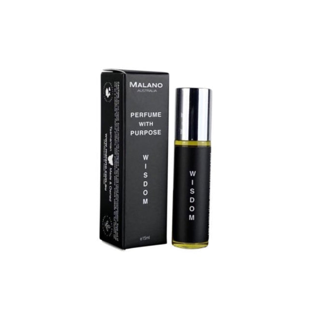 A glass roll on perfume oil bottle with silver lid with, a black and white label with Wisdom, Perfume With Purpose and Malano written on it sitting next to its packaging box.