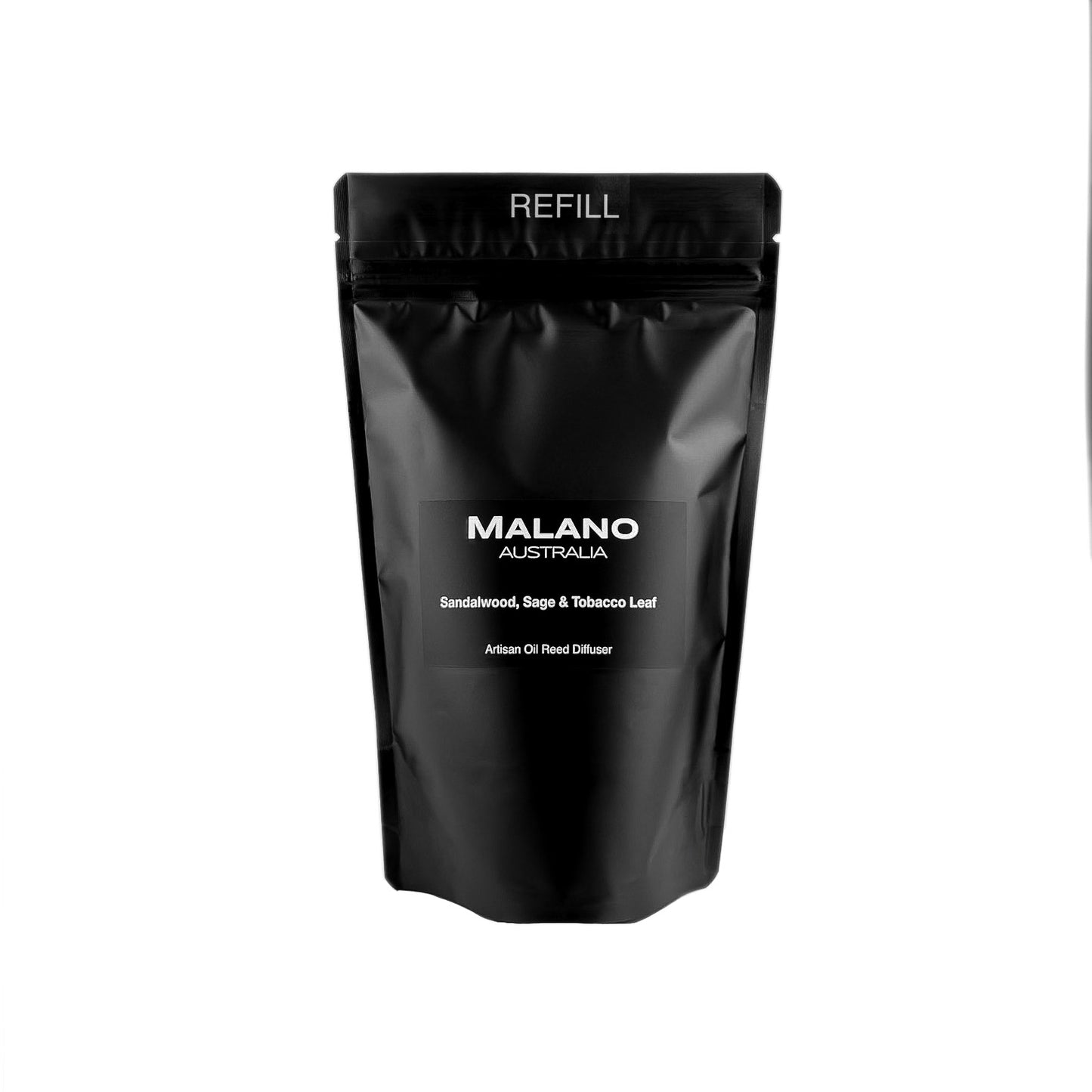 A black refill bag with the brand ‘MALANO’ and the scent reading ‘Sandalwood Sage and Tobacco Leaf’, ‘Artisan Oil Reed Diffuser’ and ‘ REFILL’ on the front.