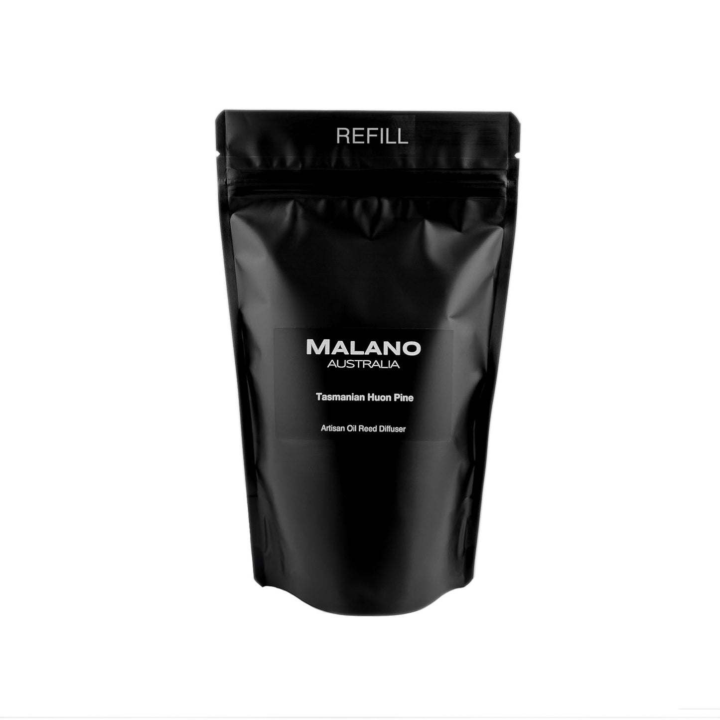A black refill bag with the brand ‘MALANO’ and the scent reading ‘Tasmanian Huon Pine’, ‘Artisan Oil Reed Diffuser’ and ‘ REFILL’ on the front.
