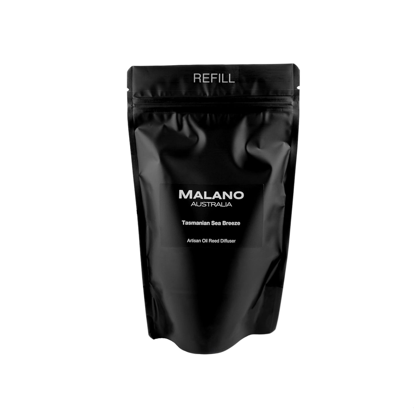 A black refill bag with the brand ‘MALANO’ and the scent reading ‘Tasmanian Sea Breeze’, ‘Artisan Oil Reed Diffuser’ and ‘ REFILL’ on the front.
