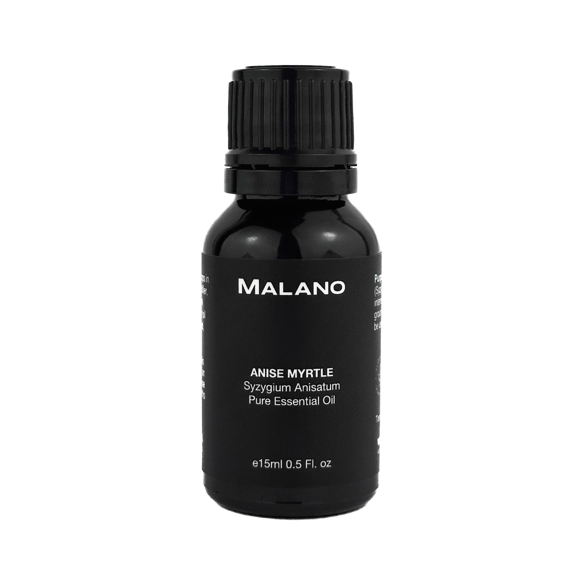 A 15mL black bottle of Anise Myrtle Pure Essential Oil branded with Malano on the label.
