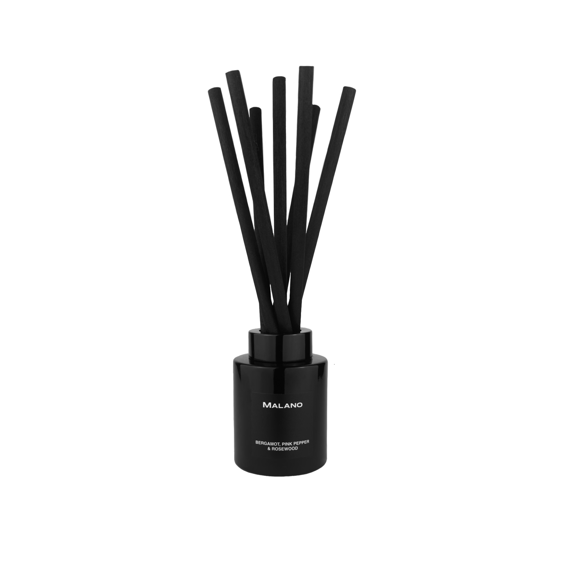 A black reed diffuser with several reeds inserted into a cylindrical container. The brand 'MALANO' is visible on the container along witht he scent name ‘Bergamot, Pink Pepper and Rosewood’.