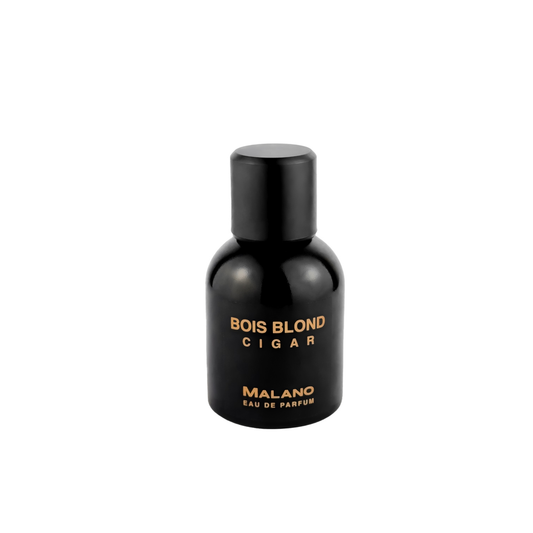 A black  50mL bottle of Cigar Bois Blond  eau de parfum branded with Malano with elegant gold text labelling.