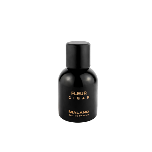 A black bottle of 'Fleur Cigar' eau de parfum by MALANO, with elegant gold lettering on the label.