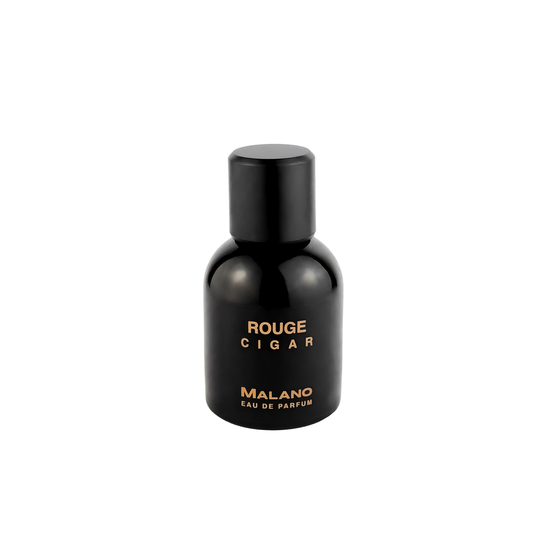 A black bottle of Cigar Rouge  eau de parfum by the brand Malano with gold text displaying the name and fragrance type on the label.