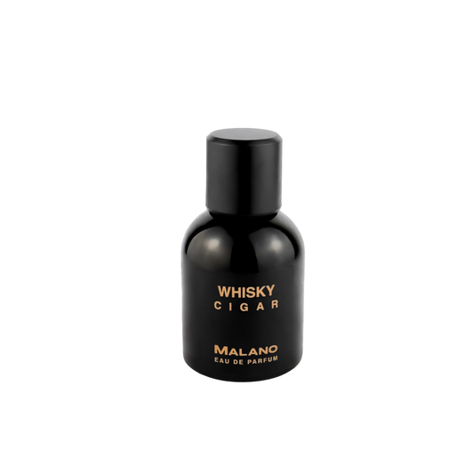 A black bottle of 'Whisky Cigar' eau de parfum with white and gold text on the label and the brand ‘MALANO’