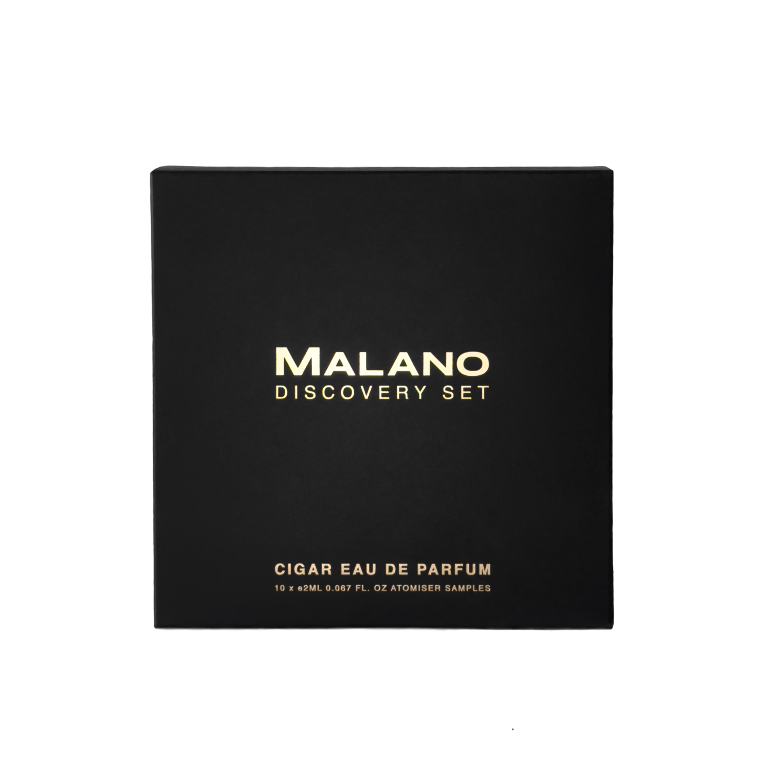 Cigar Eau de Parfume Discovery Set Box by Malano with all of the writing in metalic gold.