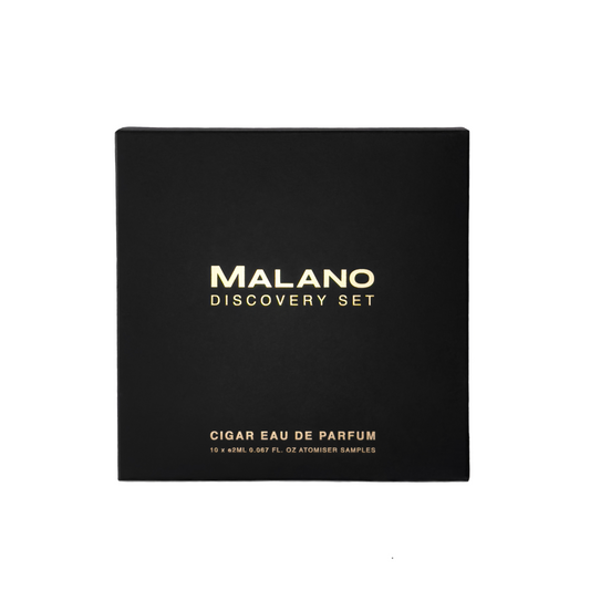 Cigar Eau de Parfume Discovery Set Box by Malano with all of the writing in metalic gold.