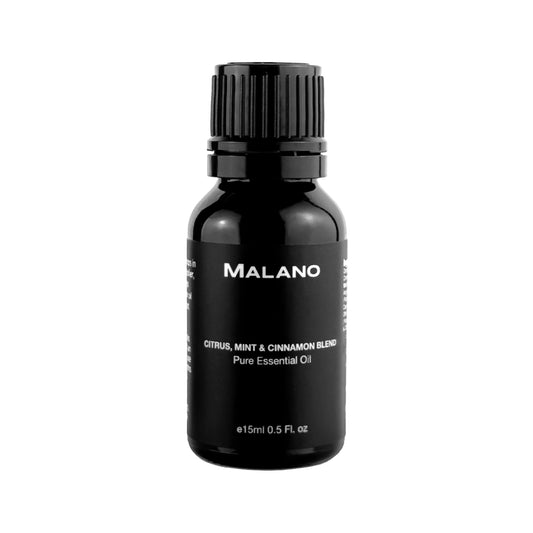 A black bottle of MALANO brand pure essential oil with a label indicating 'Citrus Mint & Cinnamon Blend'. The bottle has a capacity of 15mL.