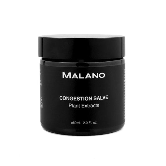 A black jar of MALANO Congestion Salve with plant extracts, 60mL size, labeled for nasal and chest decongestant purposes.