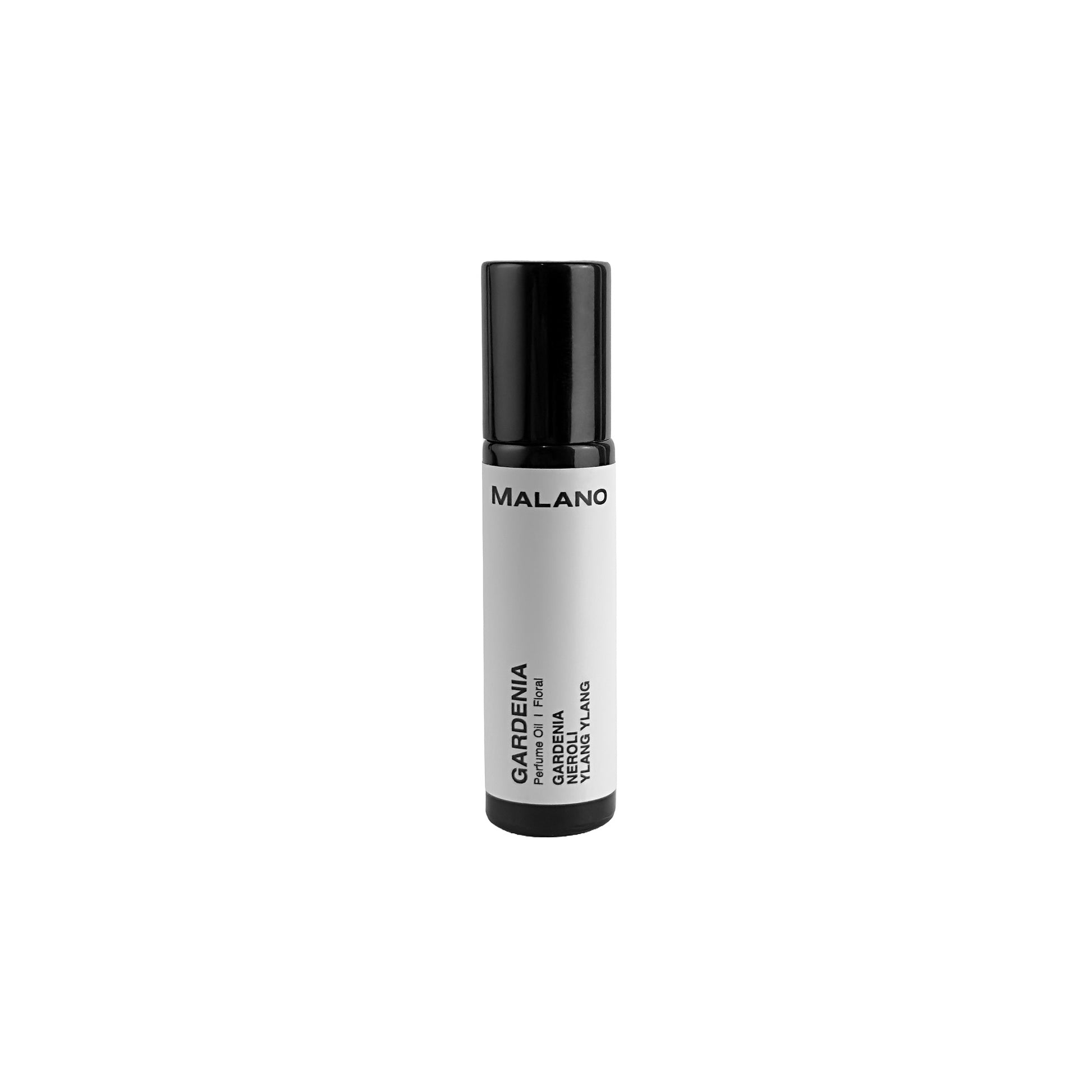 A roll-on perfume bottle with a black cap and a label that reads 'GARDENIA'. The brand 'MALANO' is visible on the top part of the bottle.