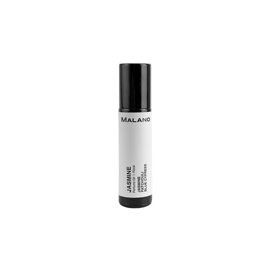 A black roll-on perfume bottle with a white label that reads 'Malano’ ‘and Jasmine Perfume OIl'