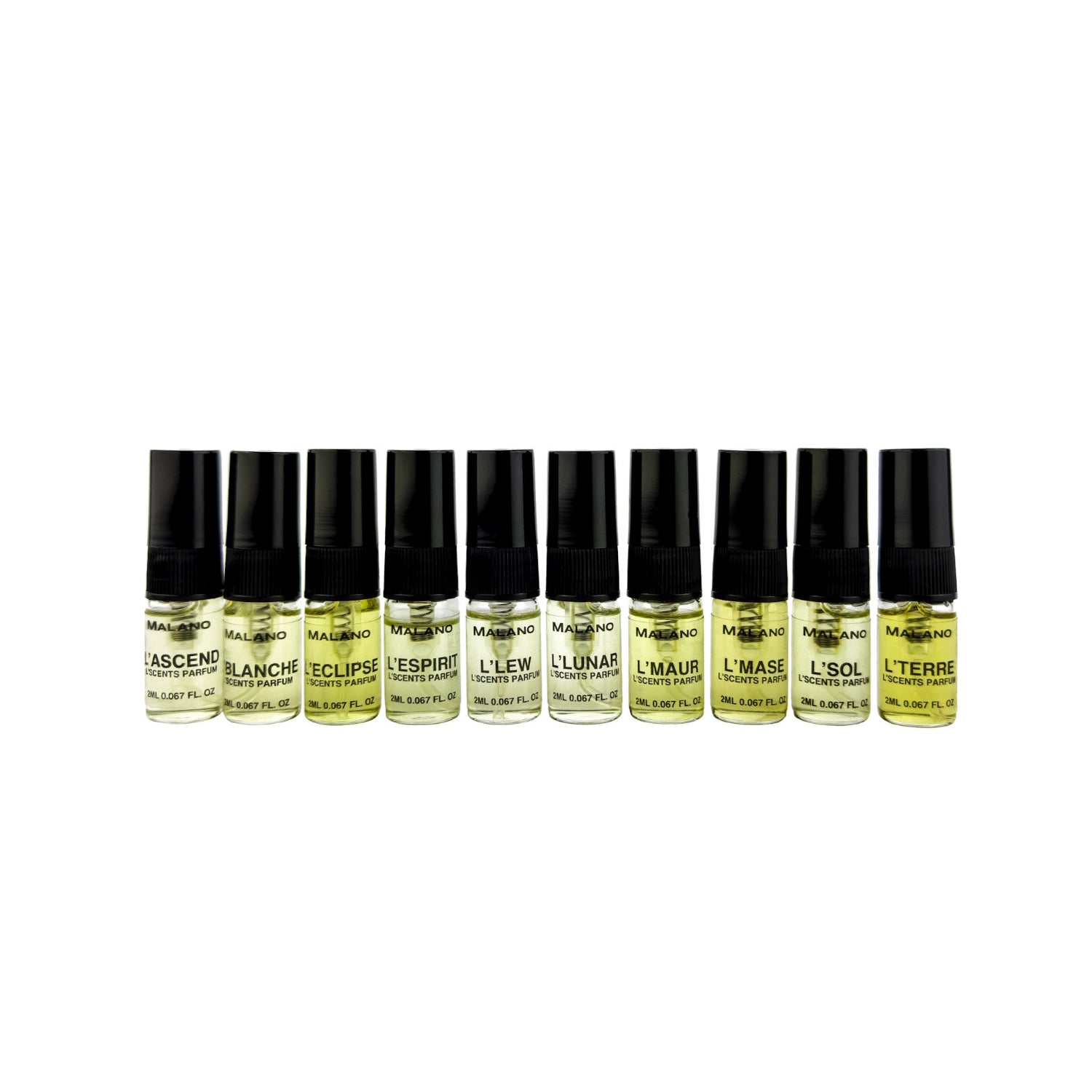 A collection of 10 clear 2mL atomiser bottles of LScents  perfume, arranged in a line with each of the scents displayed on the front, on a white background