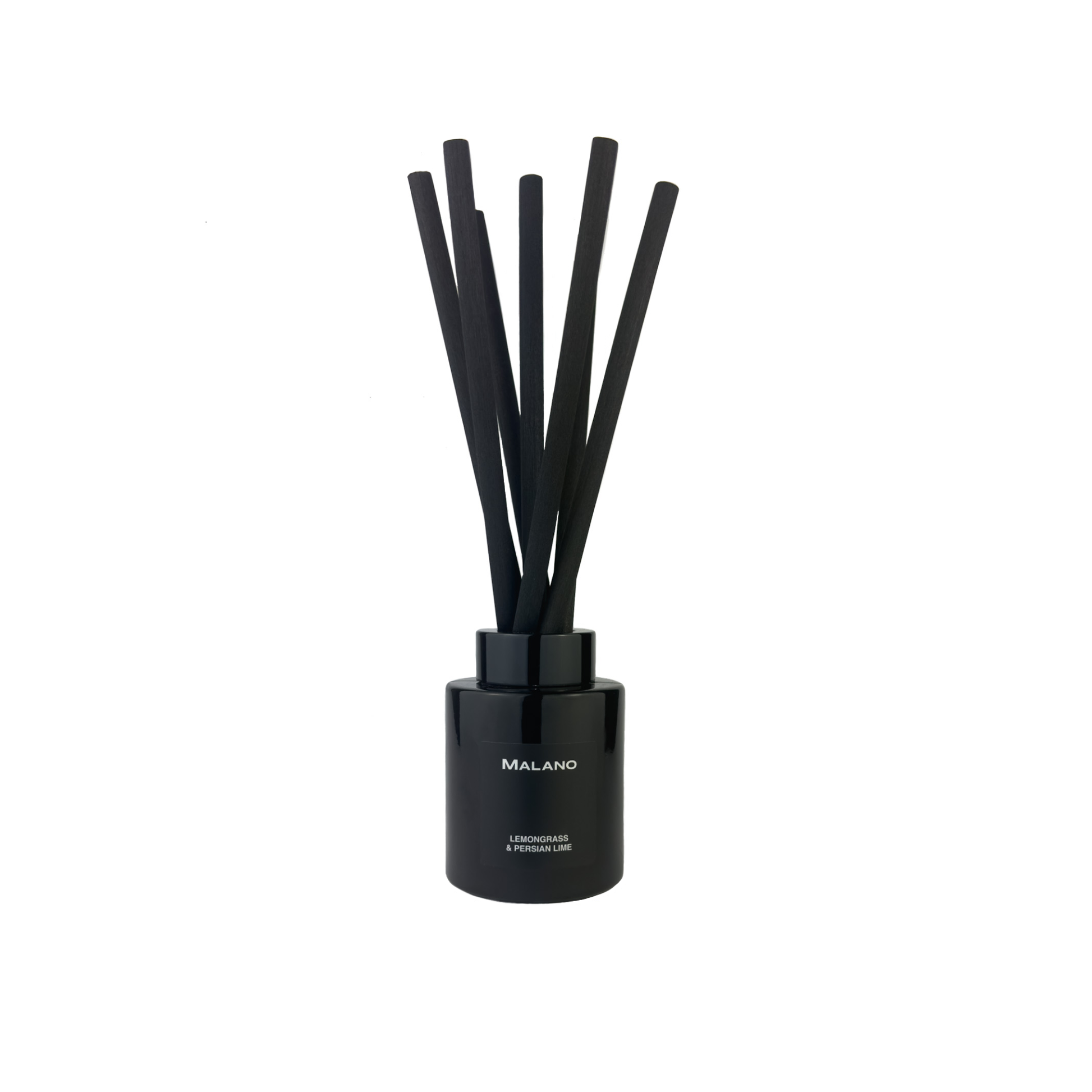 A black reed diffuser with several reeds inserted into a cylindrical container. The brand 'MALANO' and the scent of ‘Lemongrass and Persian Lime’  is visible on the container.