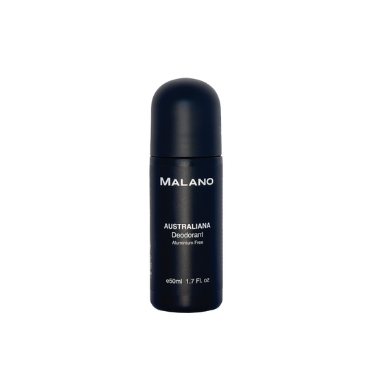 Black 50mL roll on deodorant bottle of Australiana scent, aluminium free deodorant by Malano on a white background