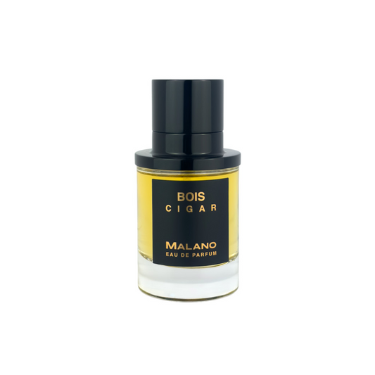 A bottle of Malano Bois Cigar Eau de Parfum with a black cap and a black label featuring a gold gradient design, set against a plain white background.