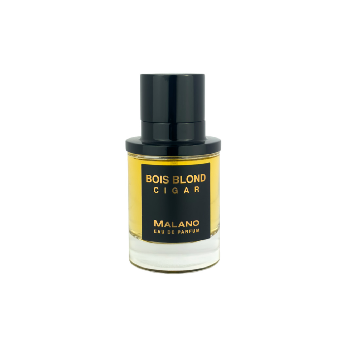 A bottle of Malano Bois Blond Cigar Eau de Parfum with a black cap and a black label featuring gold lettering, set against a plain white background.