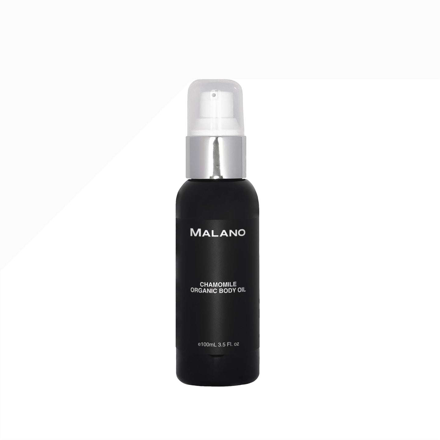 Black pump bottle of Malano chamomile organic body oil with a 100mL capacity, on a white background