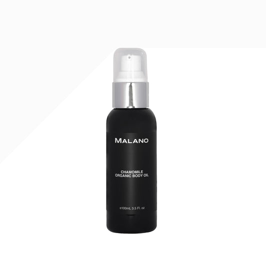 Black pump bottle of Malano chamomile organic body oil with a 100mL capacity, on a white background