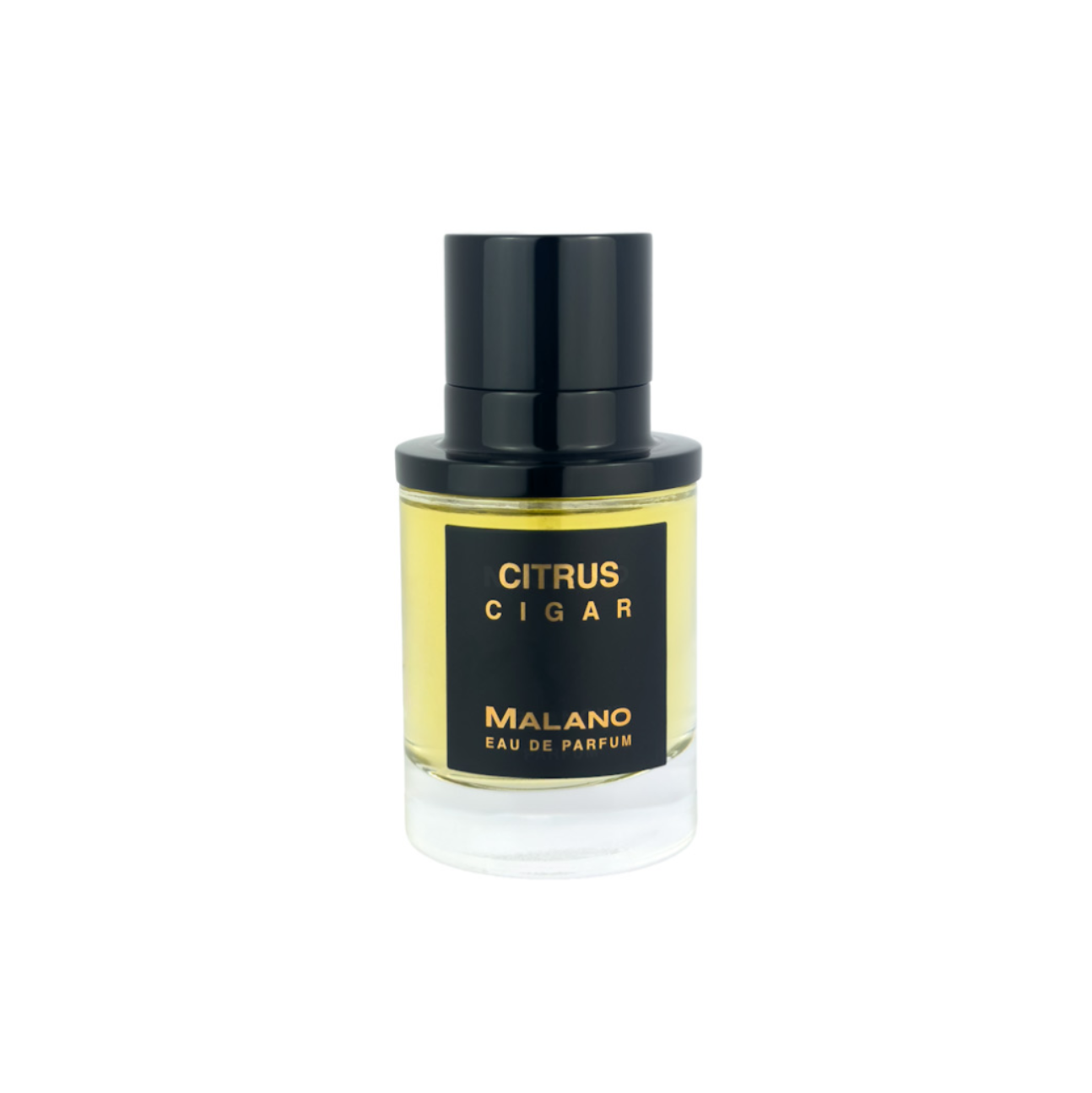 A bottle of Malano Citrus Cigar Eau de Parfum with a black cap and a black label featuring gold lettering, set against a plain white background.