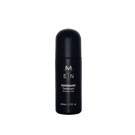 Black fifty mil, roll on deodorant bottle of Malano’s Men’s Range, Debonaire Aluminium Free Deodorant on a white background