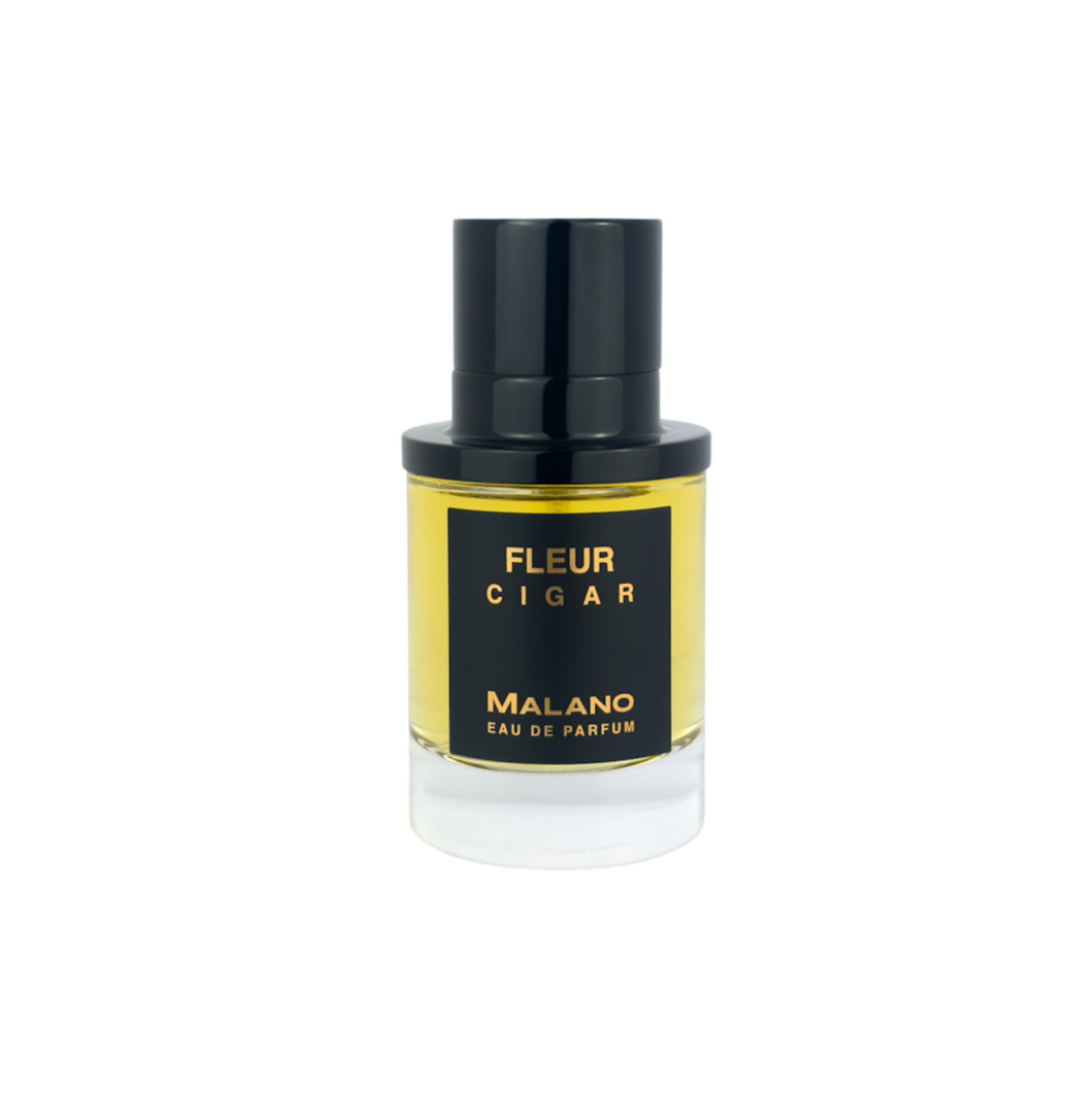 A bottle of Malano Fleur Cigar Eau de Parfum with a black cap and a black and bronze gold label, set against a plain white background.