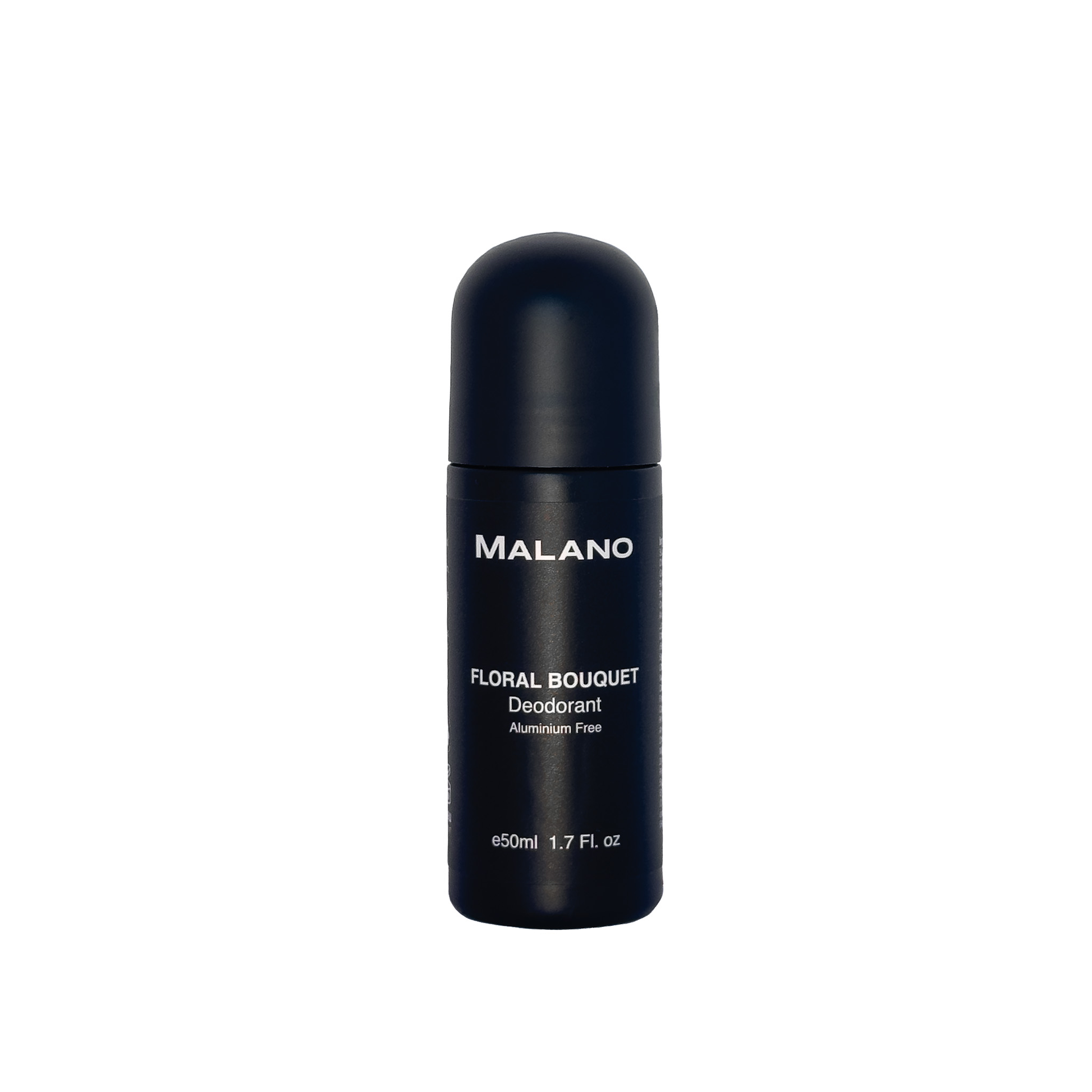 A Black bottle of Malano’s 50mL, organic Floral Bouquet, Aluminium Free roll-on deodorant on a white background.