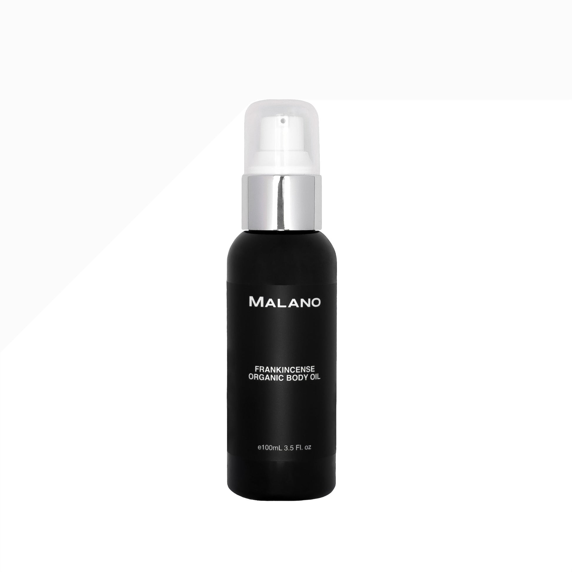Black bottle with a white pump of Frankincense Organic Body Oil by Malano, with a 100mL capacity, on a white background.