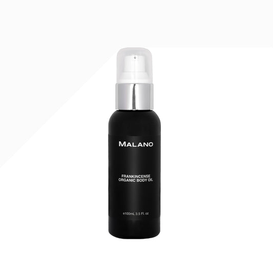 Black bottle with a white pump of Frankincense Organic Body Oil by Malano, with a 100mL capacity, on a white background.