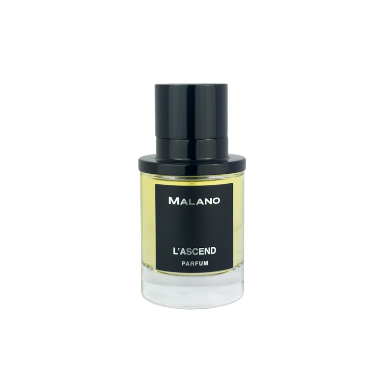 A bottle of MALANO L'ASCEND Parfum with a black cap and a black labe with silver text, containing a pale yellow liquid, set against a plain white background.r
