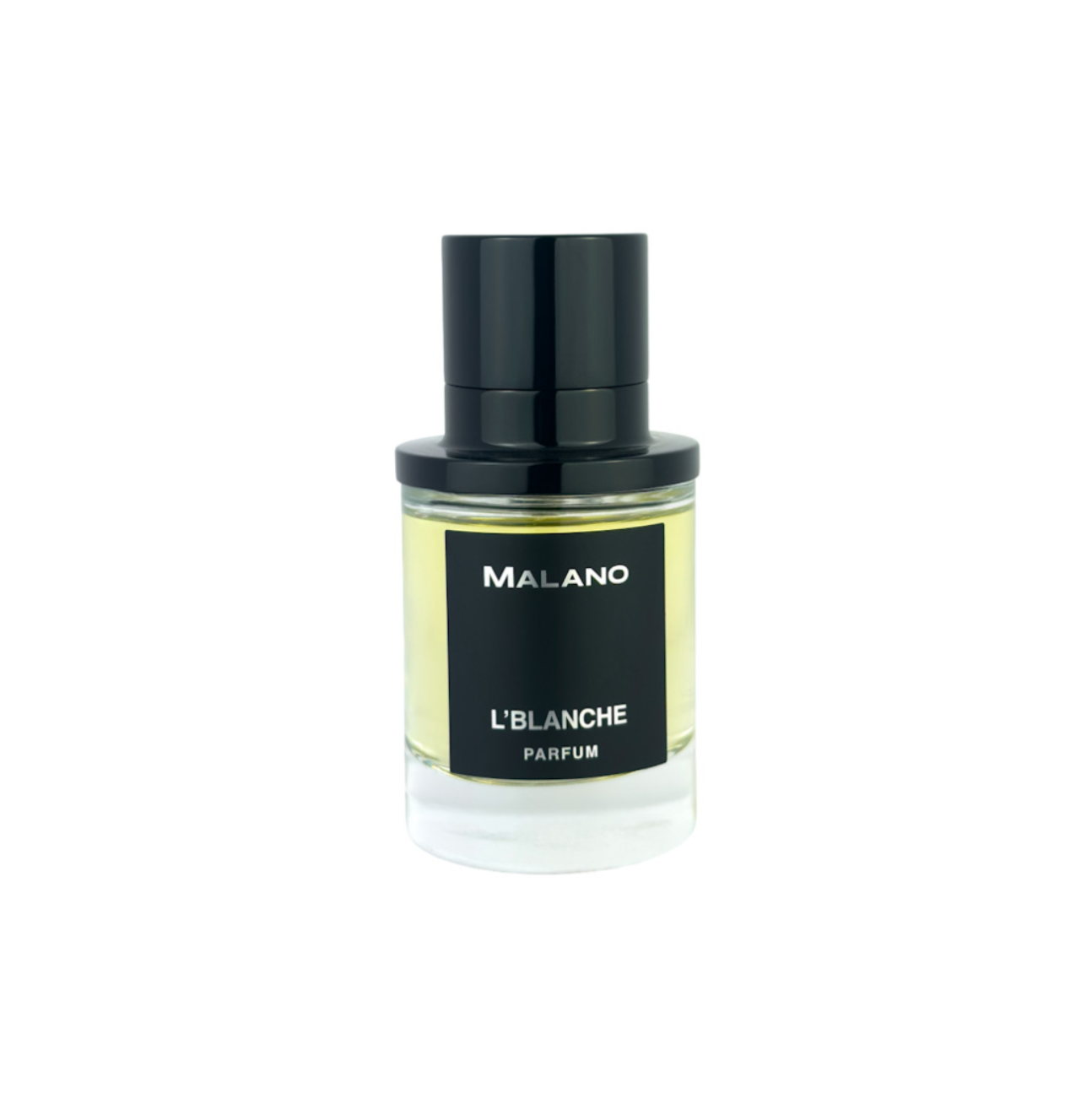 A bottle of Malano L’Blanche Parfum with a black cap on and a black label with silver text, filled with pale yellow perfume liquid, set against a plain white background.
