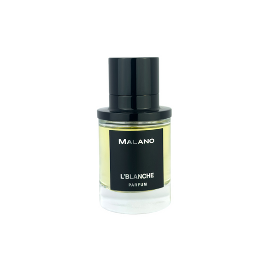A bottle of Malano L’Blanche Parfum with a black cap on and a black label with silver text, filled with pale yellow perfume liquid, set against a plain white background.
