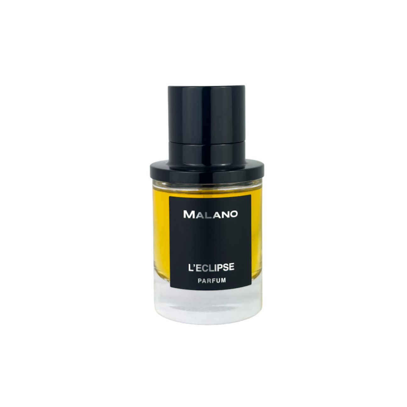 A bottle of MALANO L'ECLIPSE Parfum with a black cap and a black label featuring a yellow-gold liquid in the bottle, set against a plain white background.