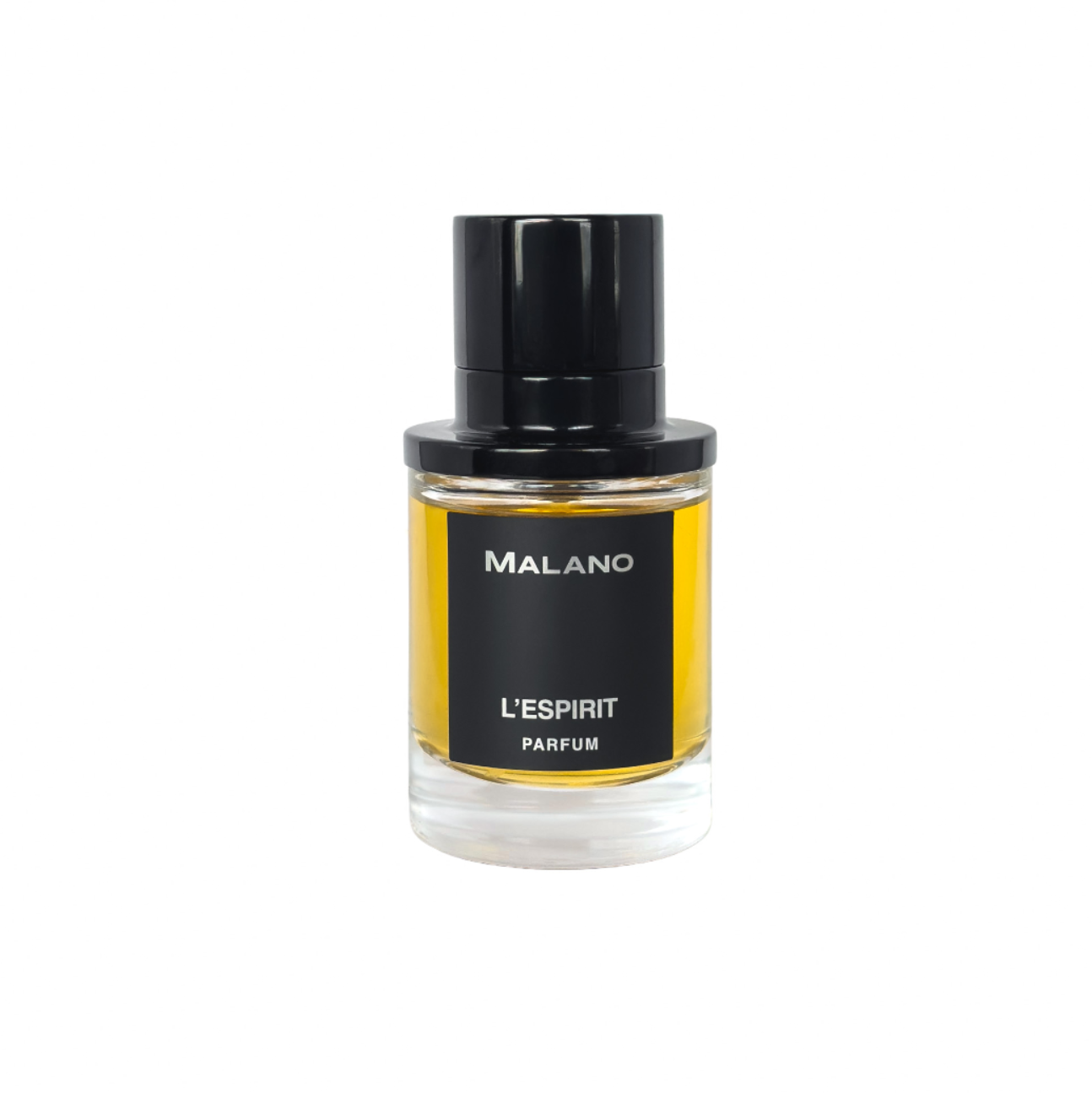 A bottle of MALANO L'ESPRIT PARFUM perfume with amber-colored liquid inside a clear glass bottle, featuring a black label and a black cylindrical cap, set against a plain white background.