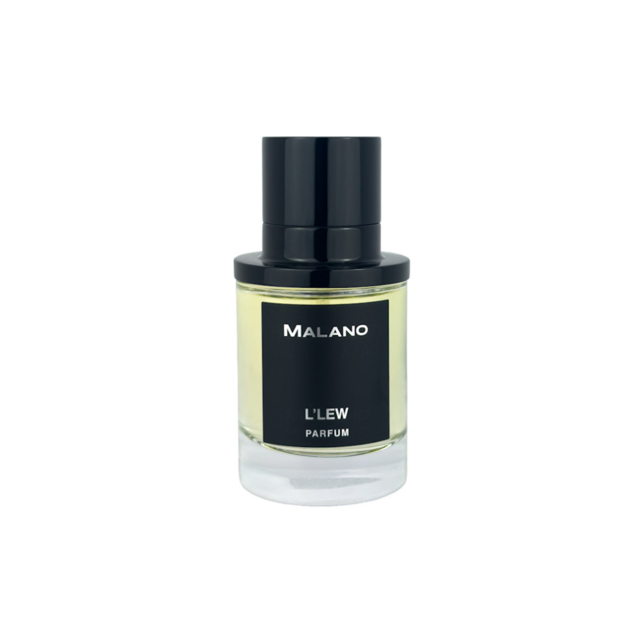 A bottle of MALANO L'EW PARFUM perfume with a black cap and a black label, containing a pale yellow liquid, set against a plain white background.
