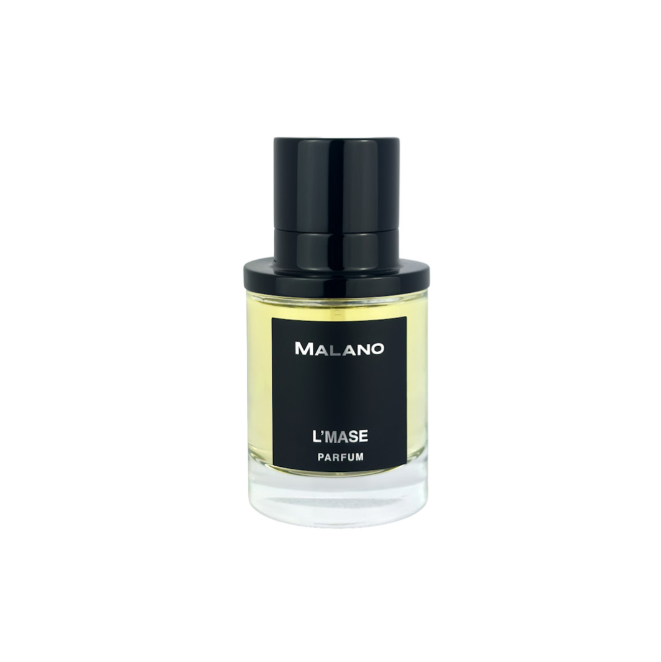 A bottle of MALANO L'MASE PARFUM perfume with a black cap and black label, showing a pale yellow liquid inside, set against a plain white background.